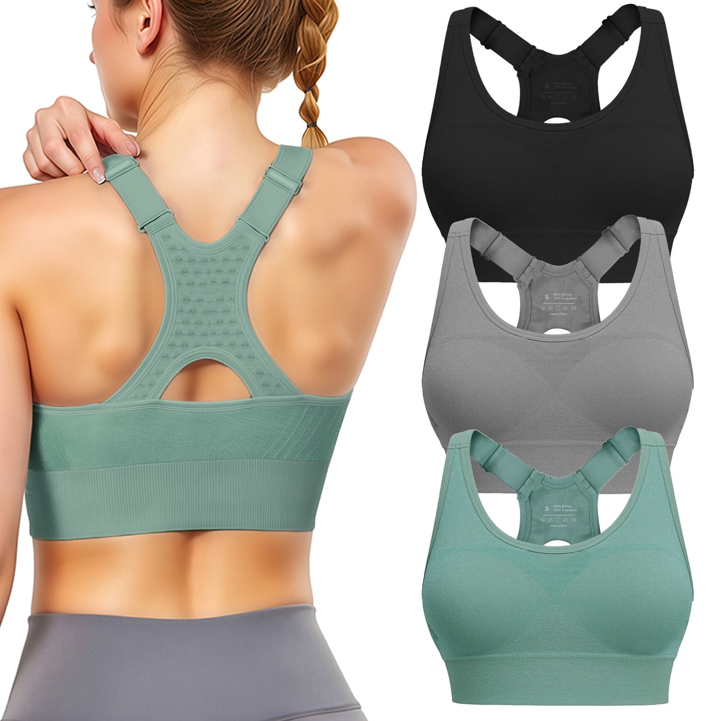 3 Pack Sports Bras with High Support  Adjustable Straps, Racerback, Padded, Plus Size, High Impact for Running, Gym & Yoga