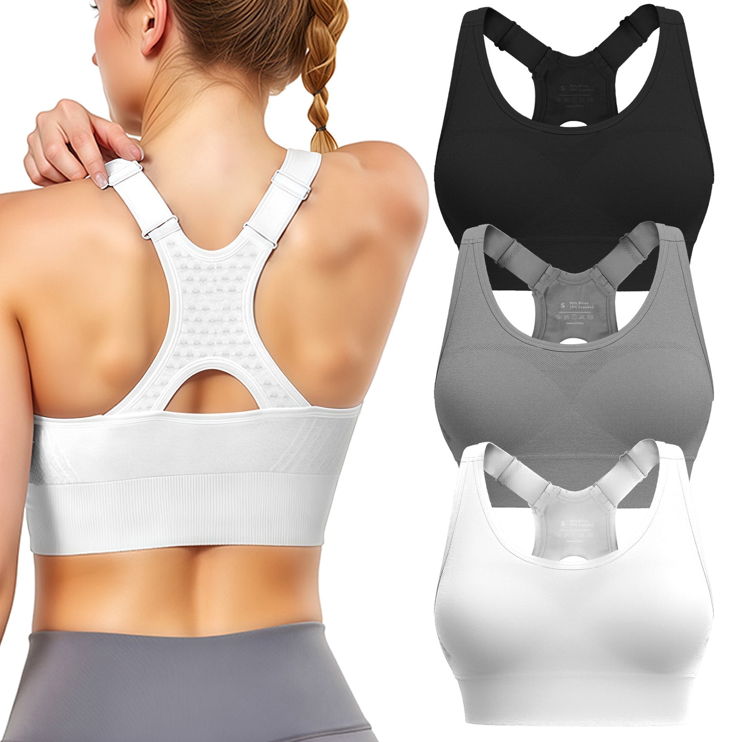 3 Pack Sports Bras with High Support  Adjustable Straps, Racerback, Padded, Plus Size, High Impact for Running, Gym & Yoga