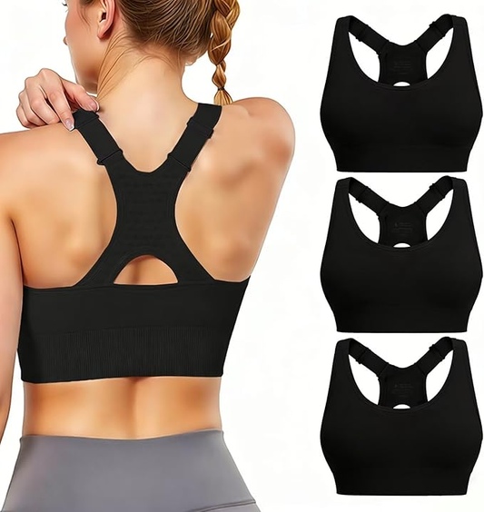 3 Pack Sports Bras with High Support  Adjustable Straps, Racerback, Padded, Plus Size, High Impact for Running, Gym & Yoga